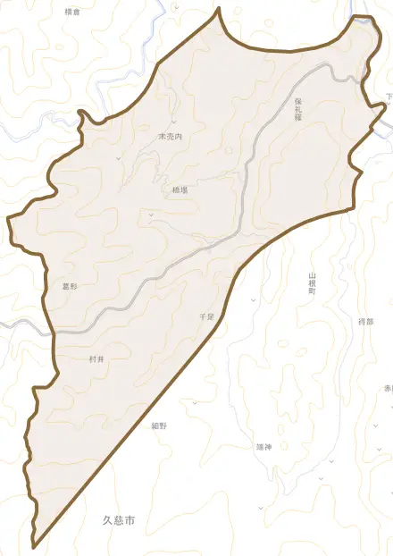 山根町木売内とその周辺の地図。町の範囲を重ねている