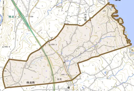 侍浜町外屋敷とその周辺の地図。町の範囲を重ねている