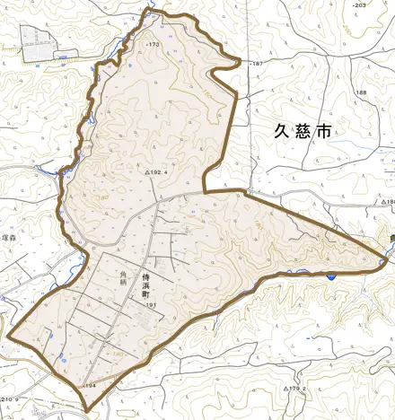 侍浜町角柄とその周辺の地図。町の範囲を重ねている