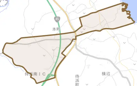 侍浜町本町とその周辺の地図。町の範囲を重ねている