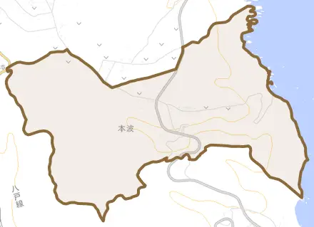 侍浜町本波とその周辺の地図。町の範囲を重ねている