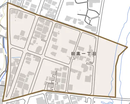 田高とその周辺の地図。町の範囲を重ねている