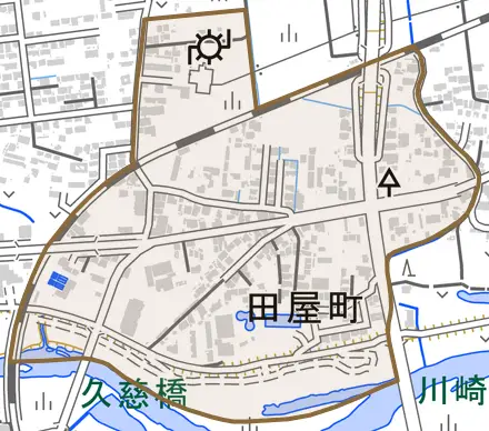 田屋町とその周辺の地図。町の範囲を重ねている