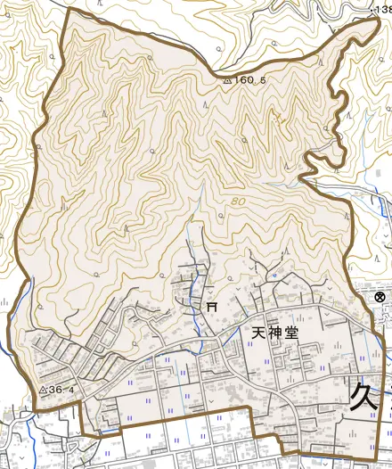 天神堂とその周辺の地図。町の範囲を重ねている