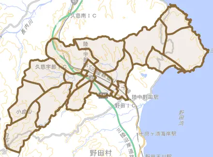宇部町とその周辺の地図。町の範囲を重ねている