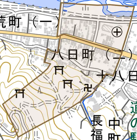 八日町とその周辺の地図。町の範囲を重ねている
