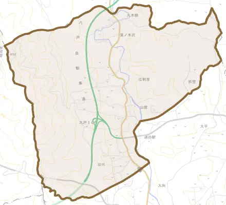 江刺家とその周辺の地図。町の範囲を重ねている