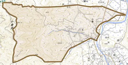 小倉とその周辺の地図。町の範囲を重ねている