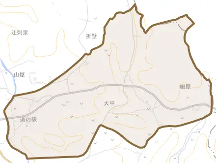 山屋とその周辺の地図。町の範囲を重ねている