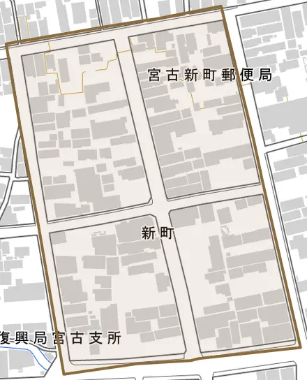 新町とその周辺の地図。町の範囲を重ねている