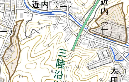 近内とその周辺の地図。町の範囲を重ねている