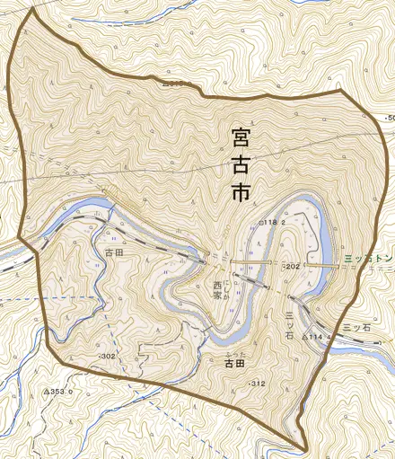 古田とその周辺の地図。町の範囲を重ねている
