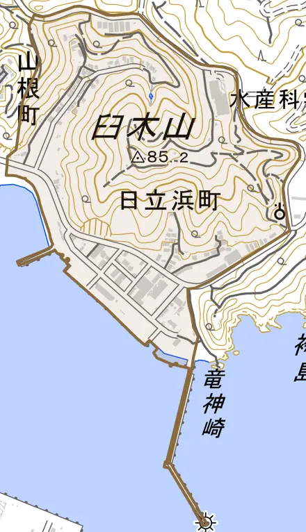 日立浜町とその周辺の地図。町の範囲を重ねている