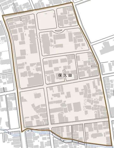 保久田とその周辺の地図。町の範囲を重ねている