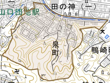 泉町とその周辺の地図。町の範囲を重ねている