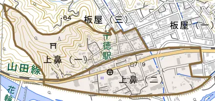 上鼻とその周辺の地図。町の範囲を重ねている
