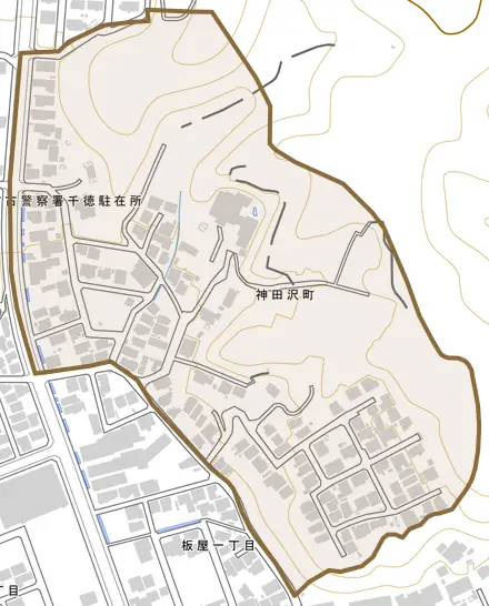 神田沢町とその周辺の地図。町の範囲を重ねている
