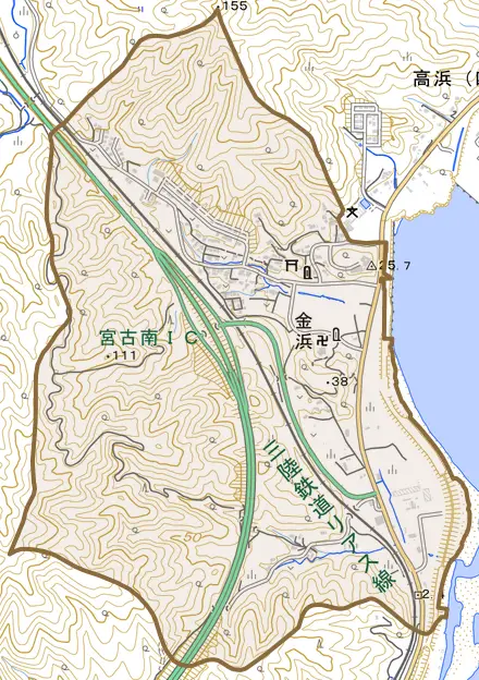 金浜とその周辺の地図。町の範囲を重ねている