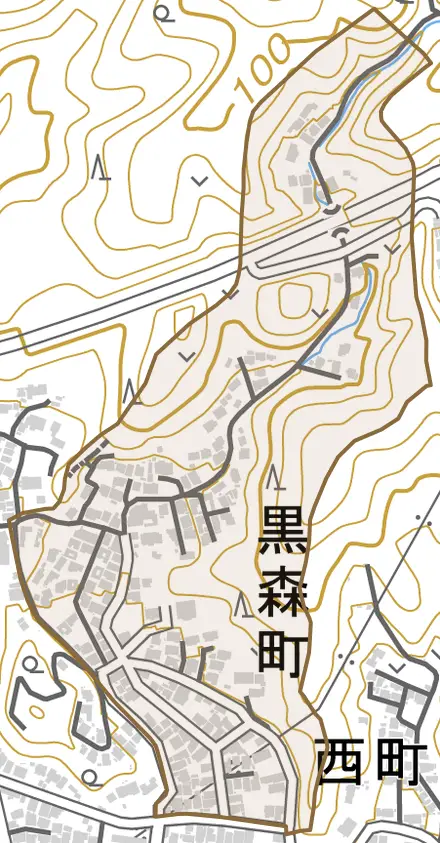 黒森町とその周辺の地図。町の範囲を重ねている