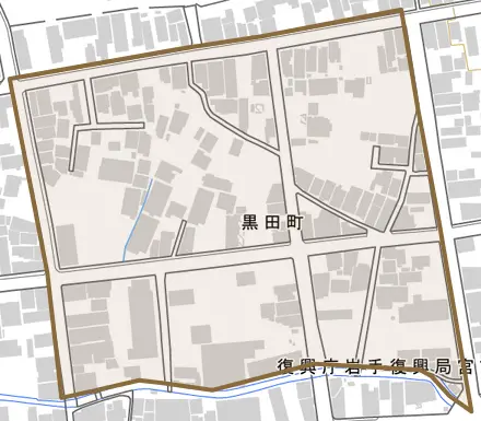 黒田町とその周辺の地図。町の範囲を重ねている