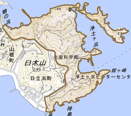 鍬ヶ崎とその周辺の地図。町の範囲を重ねている