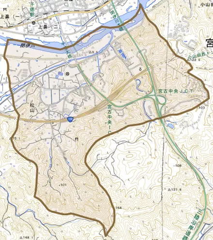 松山とその周辺の地図。町の範囲を重ねている