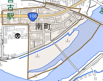 南町とその周辺の地図。町の範囲を重ねている