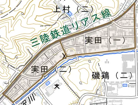 実田とその周辺の地図。町の範囲を重ねている