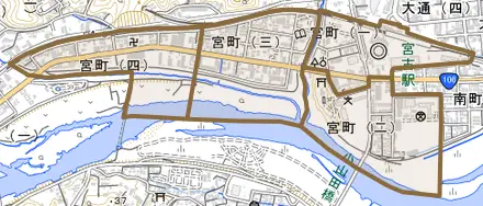 宮町とその周辺の地図。町の範囲を重ねている
