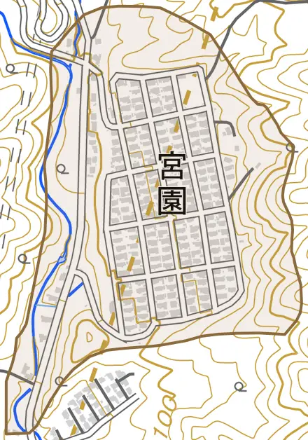 宮園とその周辺の地図。町の範囲を重ねている