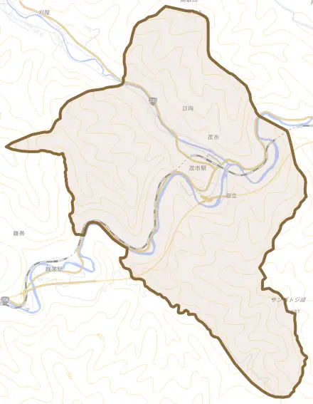 茂市とその周辺の地図。町の範囲を重ねている