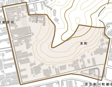 本町とその周辺の地図。町の範囲を重ねている