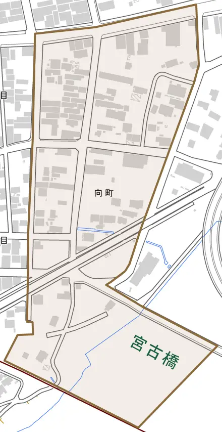 向町とその周辺の地図。町の範囲を重ねている