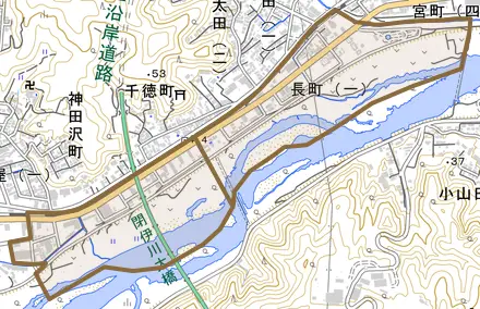 長町とその周辺の地図。町の範囲を重ねている
