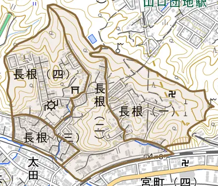 長根とその周辺の地図。町の範囲を重ねている