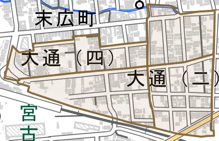 大通とその周辺の地図。町の範囲を重ねている