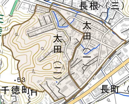 太田とその周辺の地図。町の範囲を重ねている