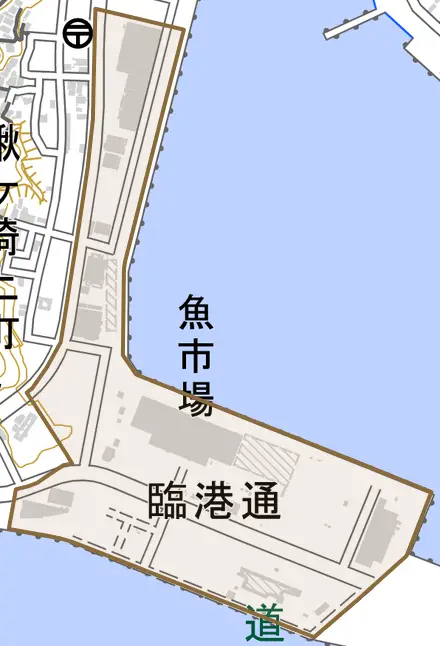 臨港通とその周辺の地図。町の範囲を重ねている