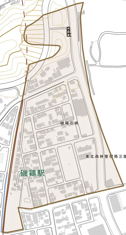 磯鶏石崎とその周辺の地図。町の範囲を重ねている