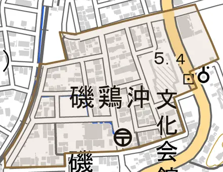 磯鶏沖とその周辺の地図。町の範囲を重ねている