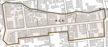 末広町とその周辺の地図。町の範囲を重ねている