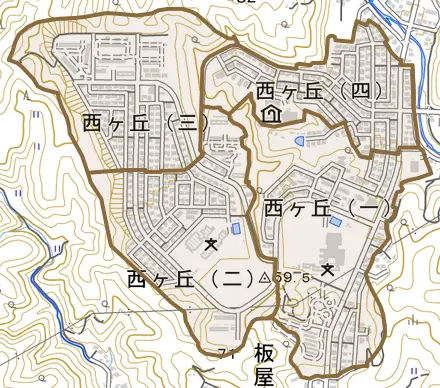 西ヶ丘とその周辺の地図。町の範囲を重ねている