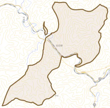 箱石とその周辺の地図。町の範囲を重ねている