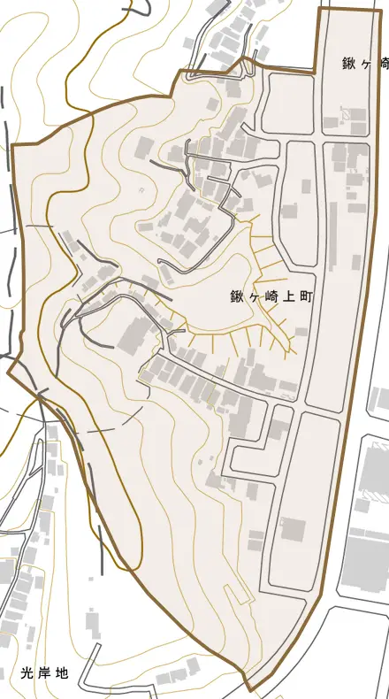 鍬ヶ崎上町とその周辺の地図。町の範囲を重ねている