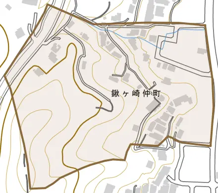 鍬ヶ崎仲町とその周辺の地図。町の範囲を重ねている