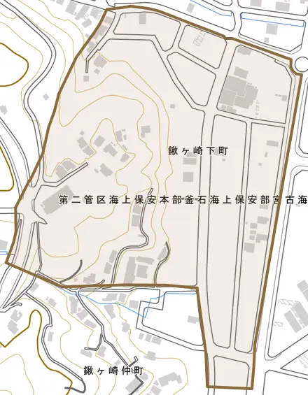 鍬ヶ崎下町とその周辺の地図。町の範囲を重ねている