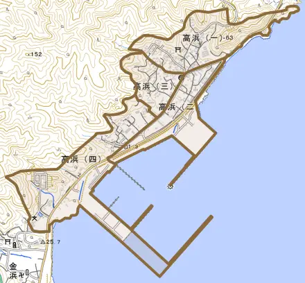 高浜とその周辺の地図。町の範囲を重ねている