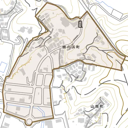 蛸の浜町とその周辺の地図。町の範囲を重ねている