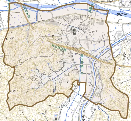 田鎖とその周辺の地図。町の範囲を重ねている