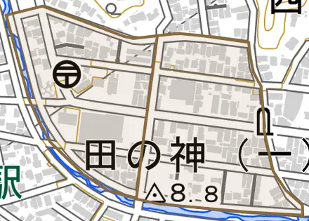 田の神とその周辺の地図。町の範囲を重ねている